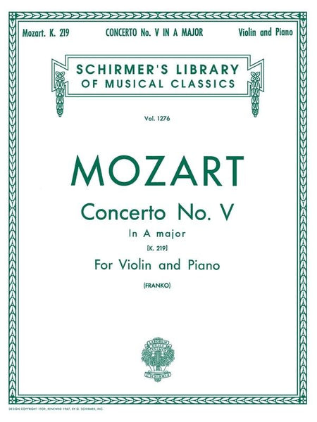 Mozart, Concerto No. 5 in A K. 219 for Violin and Piano (Schirmer)